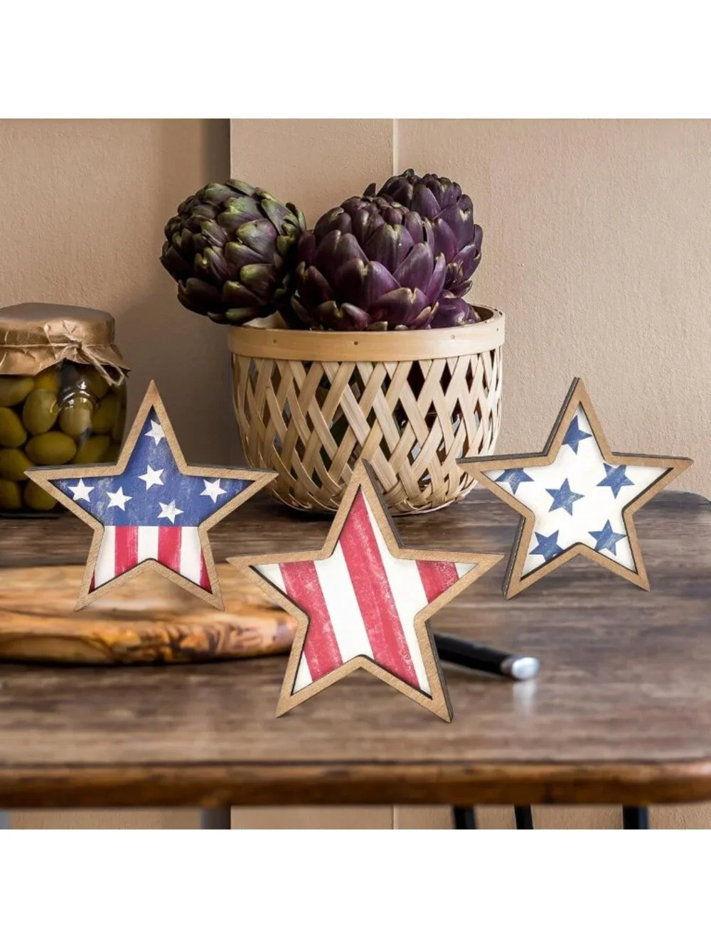 Patriotic Wooden Star Decor Set of 3 - 4th of July & Memorial Day Tiered Tray